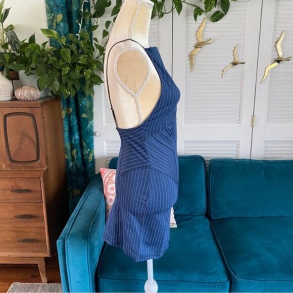 Urban Outfitters | Complex High Neck Mini Dress Blue Multi Pinstripe Stretch New - Picture 7 of 15